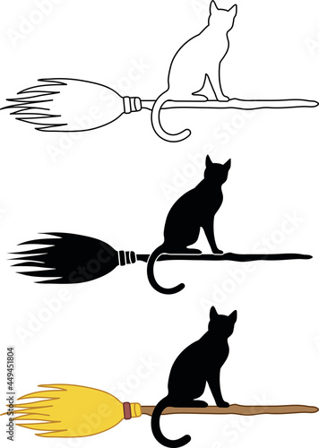 Black Cat Riding a Broomstick - Clipart Set