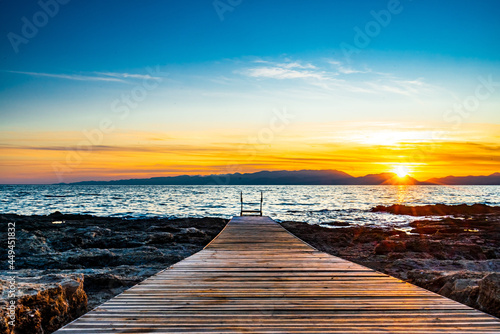 View Wooden jetty on the sea, Peloponnes Greece