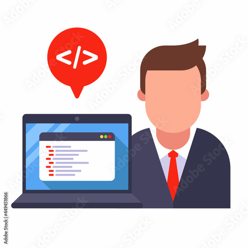 programmer and laptop with program code. flat vector illustration.