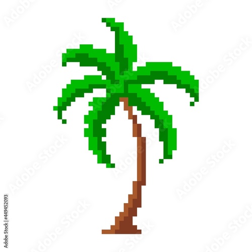 Pixelated tropical palm. Green large leaves with brown curving pixel trunk. Abstract decoration for games and retro vector presentation