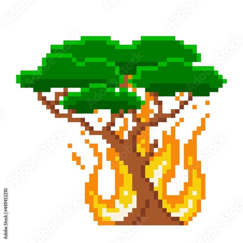 Flaming pixel tree. Blazing fire in green forest with complete burnout of area. Terrible danger disappearing in fire of relict vector jungle