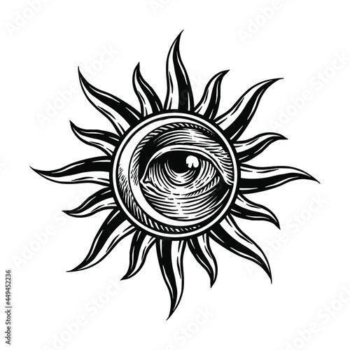 Hand drawn The Eye of  sun and moon, engraving style, nice for tattoo, t-shirt, patch, sticker, emblem, etc.