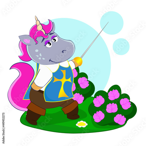 Unicorn dressed as a musketeer with a sword