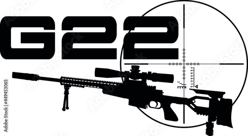 G22 special Sniper rifle, long range rifle with line drawing visor and G22 model name in large letters of the Bundeswehr, Armed forces Military of Germany. silhouette 