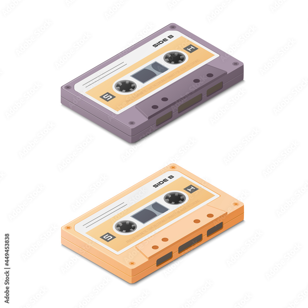 Audio tape compact cassette. Colored isometric illustration. 3d image. Music listening. Isolated on white background. Audio tape compact cassette. Colored isometric illustration. 3d image. Music listening. Isolated on white background.