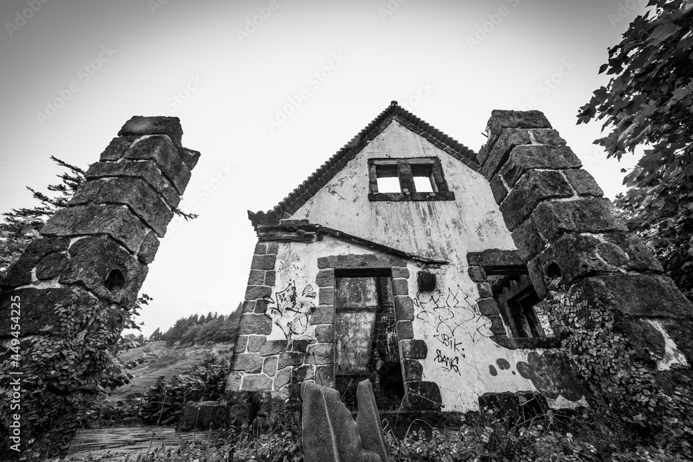 Black and white building, old and abandoned, Azores.