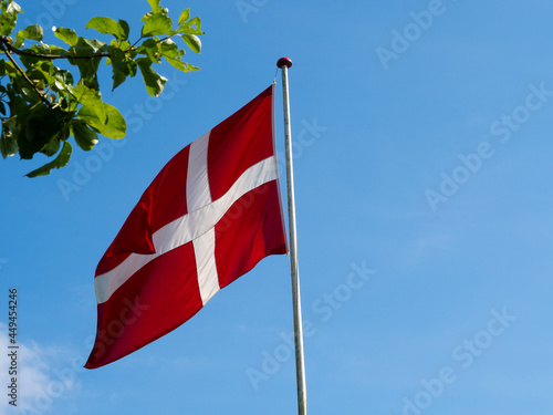 The Danish flag Dannebrog on a flagpole up against a blue sky with white clouds. Red flag with white cross. Denmark. Green leaves in forground.
