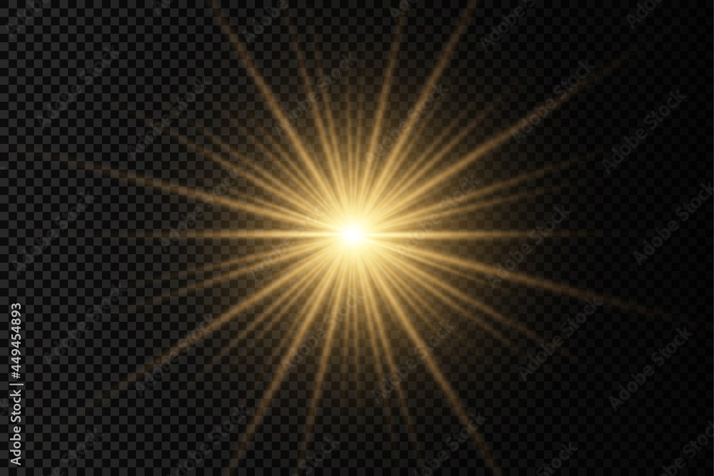 Glow bright light star, yellow sun rays.