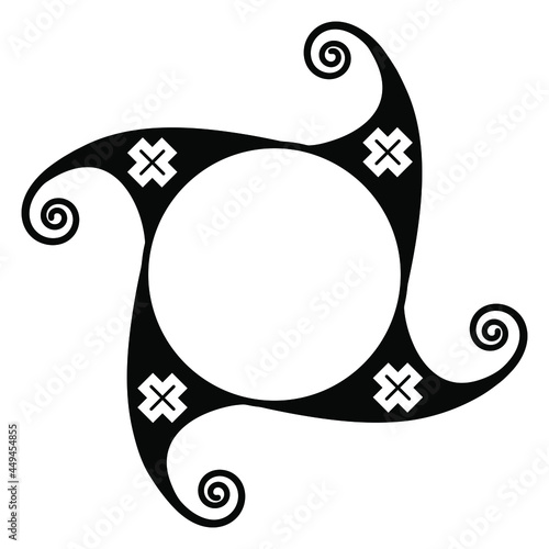 Abstract round decor with spiral and cross elements. Square geometrical mandala. Black and white silhouette. Native American Mimbres pottery motif of Mogollon Indians. Isolated vector illustration. 