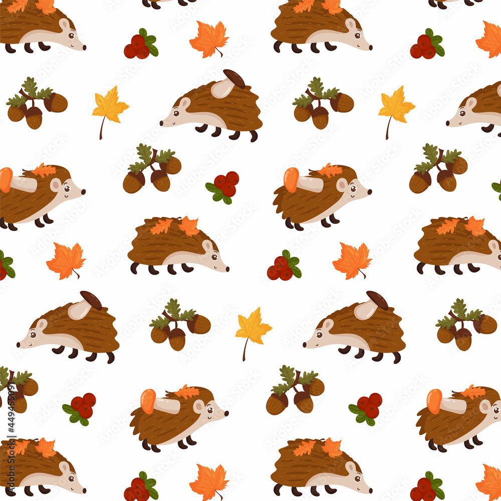 Seamless autumn pattern with leaves, hedgehog, mushrooms and lingonberries. Ideal for decorating children's rooms, textiles and fabrics. Vector, cartoon style. Seamless autumn pattern with leaves, hedgehog, mushrooms and lingonberries. Ideal for decorating children's rooms, textiles and fabrics. Vector, cartoon style.