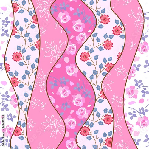 Wavy vertical stripes of white and pink, decorated with delicate lilies and roses. Seamless ornament for fabric, wallpaper. Beautiful vector pattern.