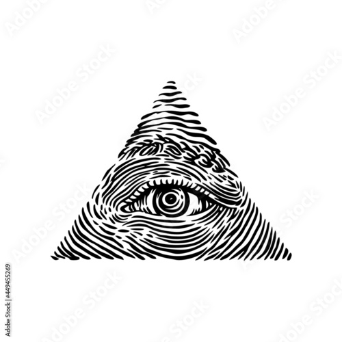 Engraving style all seeing eyes pyramid, hand drawn vector illustration, for your t-shirt, sticker, design element, tattoo, etc.