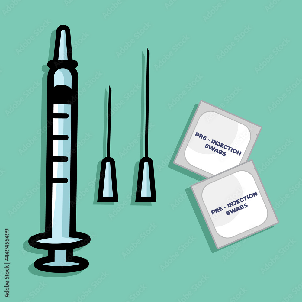 Vector illustration of injection set on blue background. Medical equipment. Syringe and needles. Alcohol swabs. Vector illustration of injection set on blue background. Medical equipment. Syringe and needles. Alcohol swabs.