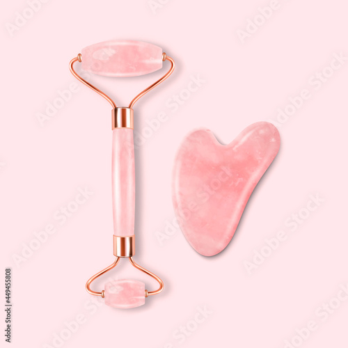 Vector 3d Realistic Jade Roller, Gua Sha Scraping Massage Tool Set. Natural Pink Rose Quartz Stone Scraper, Massager. Chinese Traditional Facial Lifting for Woman. Facial Acupoints, Top View