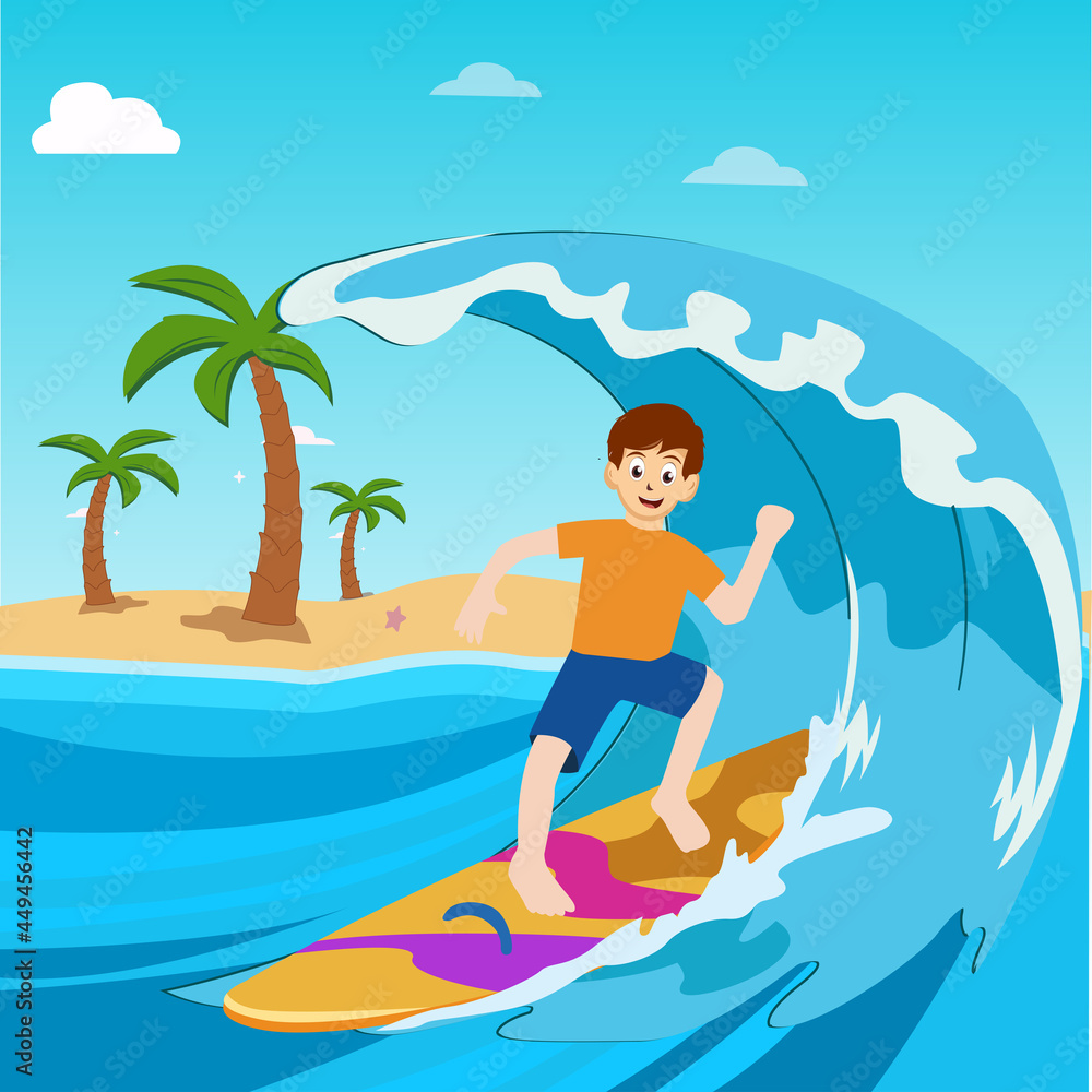 Character of a young male surfer surfing on big waves. vacation trip on tropical island beach vector illustration 