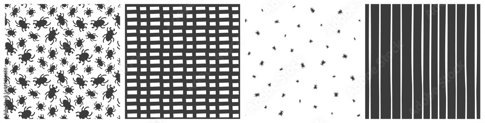Set of insects bugs seamless patterns with abstract simple shapes for Halloween. Vector illustration in black or gray white colors