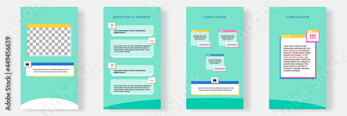 Social media faq, question, answer stories banner layout template with geometric shape background and bubble message design element in green white color. Vector illustration