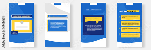 Social media faq, question, answer stories banner layout template with geometric shape background and bubble message design element in blue yellow white color. Vector illustration