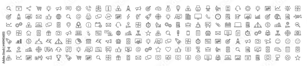 Set of 200 Media and Web icons in line style. Data analytics, Digital marketing, Management, Message, Phone. Vector illustration. Set of 200 Media and Web icons in line style. Data analytics, Digital marketing, Management, Message, Phone. Vector illustration.