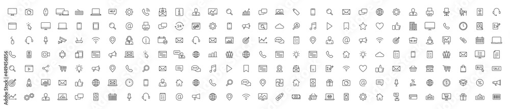 Set of 200 Technology and Electronics and Devices web icons in line style. Device, phone, laptop, communication, smartphone, ecommerce. Vector illustration. Set of 200 Technology and Electronics and Devices web icons in line style. Device, phone, laptop, communication, smartphone, ecommerce. Vector illustration.