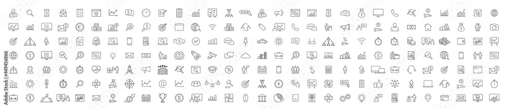 Set of 200 Business icons. Business and Finance web icons in line style. Money, bank, contact, infographic. Icon collection. Vector illustration.