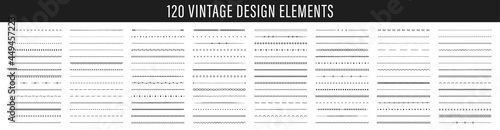 Set of 120 Hand drawn design elements. Vintage line elements. Decorative drawing badges. Decoration, banners, swirls divider, emblems, arrows. Vector illustration.