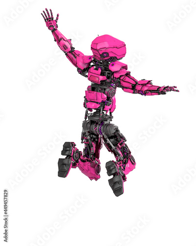 mega robot is happy and jumping in white background hear view © DM7