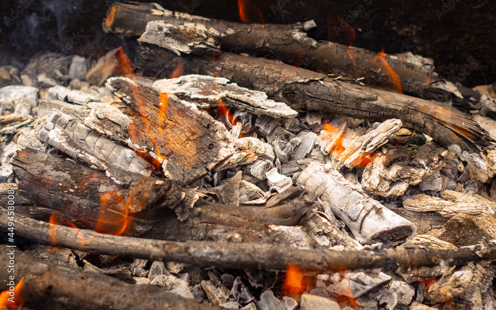 Bonfire. Smoldering firewood close-up. Cooking food in the field. Bonfire. Smoldering firewood close-up. Cooking food in the field.