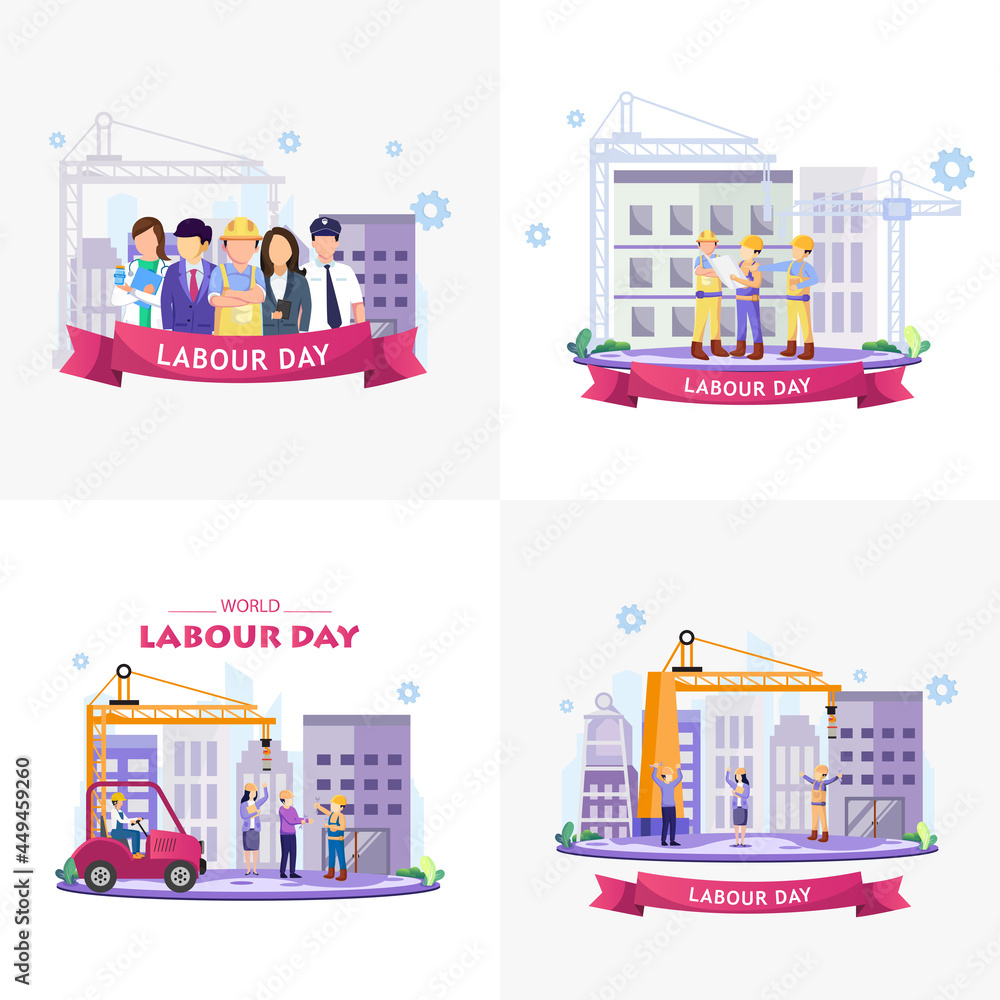 Set bundle of Labour Day vector illustration. Engineers and builders are planning work on a construction site. Construction workers are working on building in Labour Day.