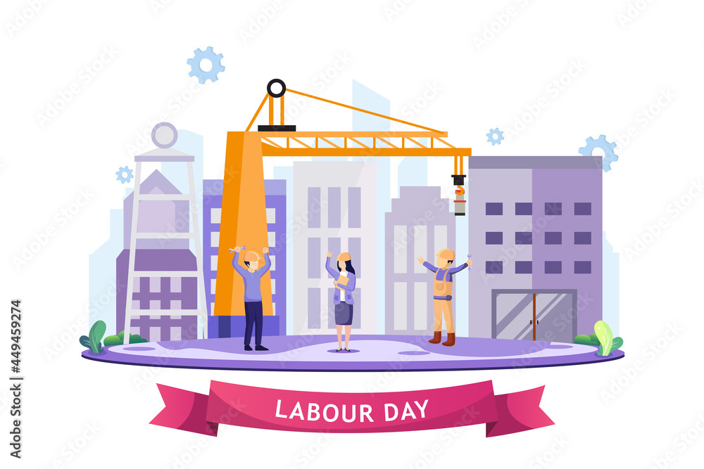 Happy Labour day On 1 May vector illustration. Engineers and builders are planning work on a construction site. Construction workers are working on building in Labour Day.