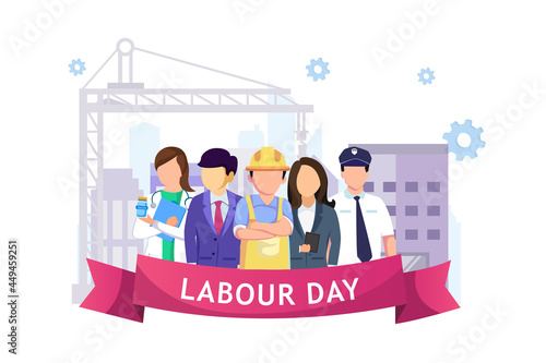 A Group Of People Of Different Professions. Businessman, Doctor, teacher, policeman, construction workers. Labour Day On 1 May. Vector illustration in cartoon style