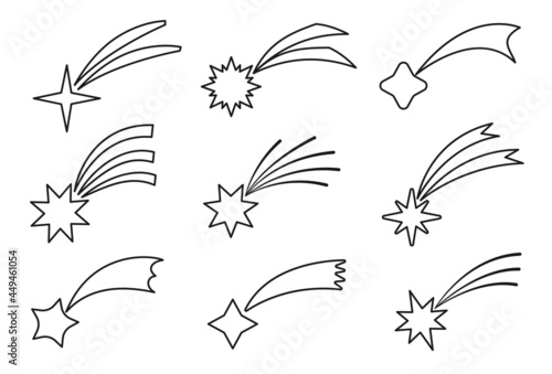 Comet falling star line outline black set. Meteorites, asteroids, sparks of fireworks isolated on white background. Shooting stars icon for apps and web. Vector illustration