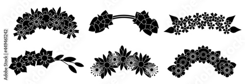 Wreaths abstract flower flat black glyph silhouette set. Chaplet on head plants collection isolated on white background. Wedding botanical diadem. Design element.