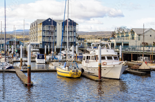 Launceston, Tasmania, Australia - September 14, 2017: Mooring boats in the Alexandra Walk Marina on the North Esk River photo