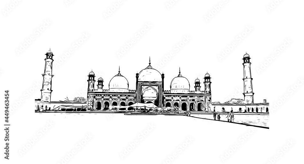 Obraz premium Building view with landmark of Lahore is the city in Pakistan. Hand drawn sketch illustration in vector.