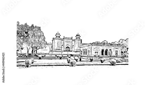 Building view with landmark of Lahore is the 
city in Pakistan. Hand drawn sketch illustration in vector.