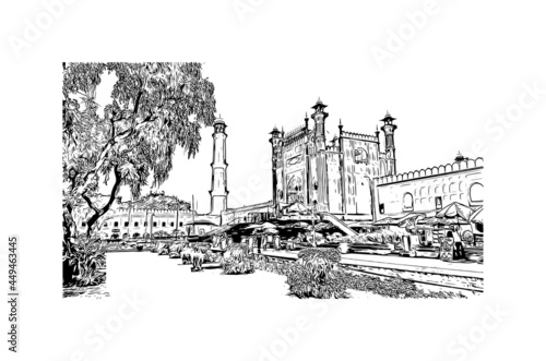 Building view with landmark of Lahore is the city in Pakistan. Hand drawn sketch illustration in vector.