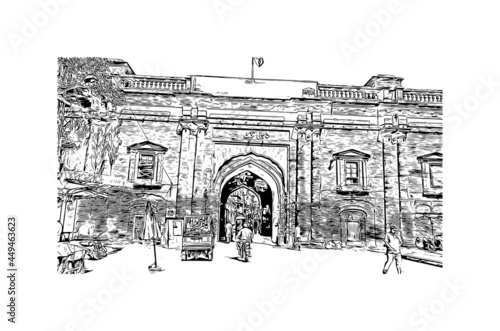 Building view with landmark of Lahore is the 
city in Pakistan. Hand drawn sketch illustration in vector.