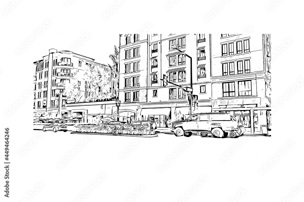 Building view with landmark of Glendale is the 
city in California. Hand drawn sketch illustration in vector. 