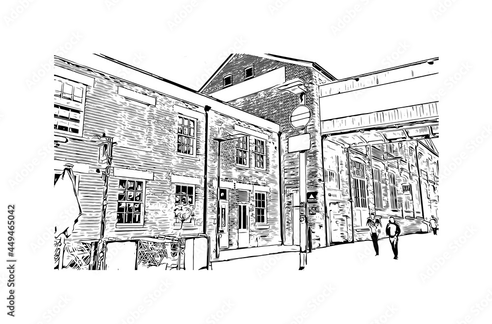 Building view with landmark of Gloucester is a coastal city in Massachusetts.. Hand drawn sketch illustration in vector. Building view with landmark of Gloucester is a coastal city in Massachusetts.. Hand drawn sketch illustration in vector.
