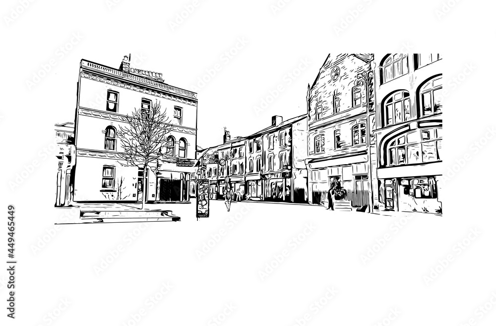 Building view with landmark of Gloucester is a coastal city in Massachusetts.. Hand drawn sketch illustration in vector.