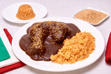 Mexican mole with sesame seeds on top accompanied by red rice, on one side green, white and red napkins. Copy space for advertising. horizontal view