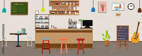 Coffee shop.Empty Cafe bar counter for serving coffee with cash box and menu board.sweet desserts,wooden counter, stools,sofas,Vector Coffee Shop and Cafe concept.