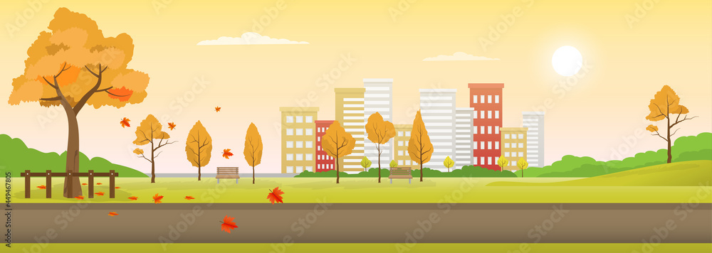 Countryside landscape panoramic in autumn season, Autumn landscape vector illustration for banners background with mountains, hills, village houses and maple trees fallen with yellow foliage.