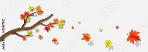 Countryside landscape panoramic in autumn season, Autumn landscape vector illustration for banners background with mountains, hills, village houses and maple trees fallen with yellow foliage.