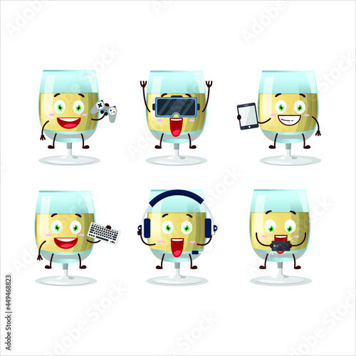 White wine cartoon character are playing games with various cute emoticons. Vector illustration