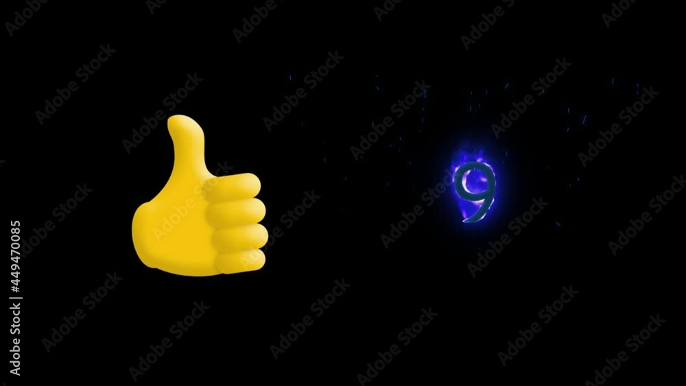 Digital animation of thumbs up icon and number nine on fire icon against black background Digital animation of thumbs up icon and number nine on fire icon against black background