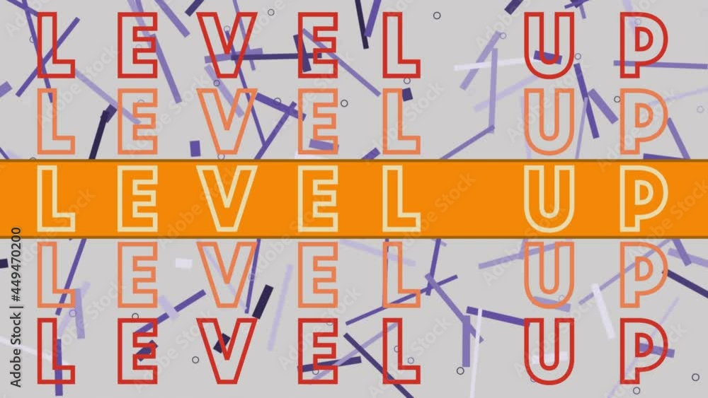 Digital animation of level up text against abstract purple shapes on grey background Digital animation of level up text against abstract purple shapes on grey background