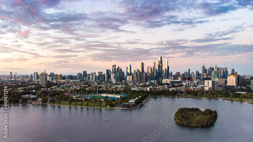 city sunset and lake, melbourne, australia, albert park photo
