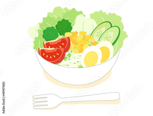 野菜たっぷりのサラダとフォークのイラスト